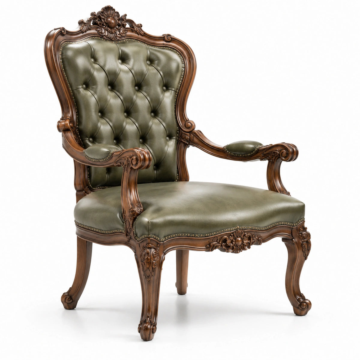 Sillón de madera con tapizado de cuero sintético verde