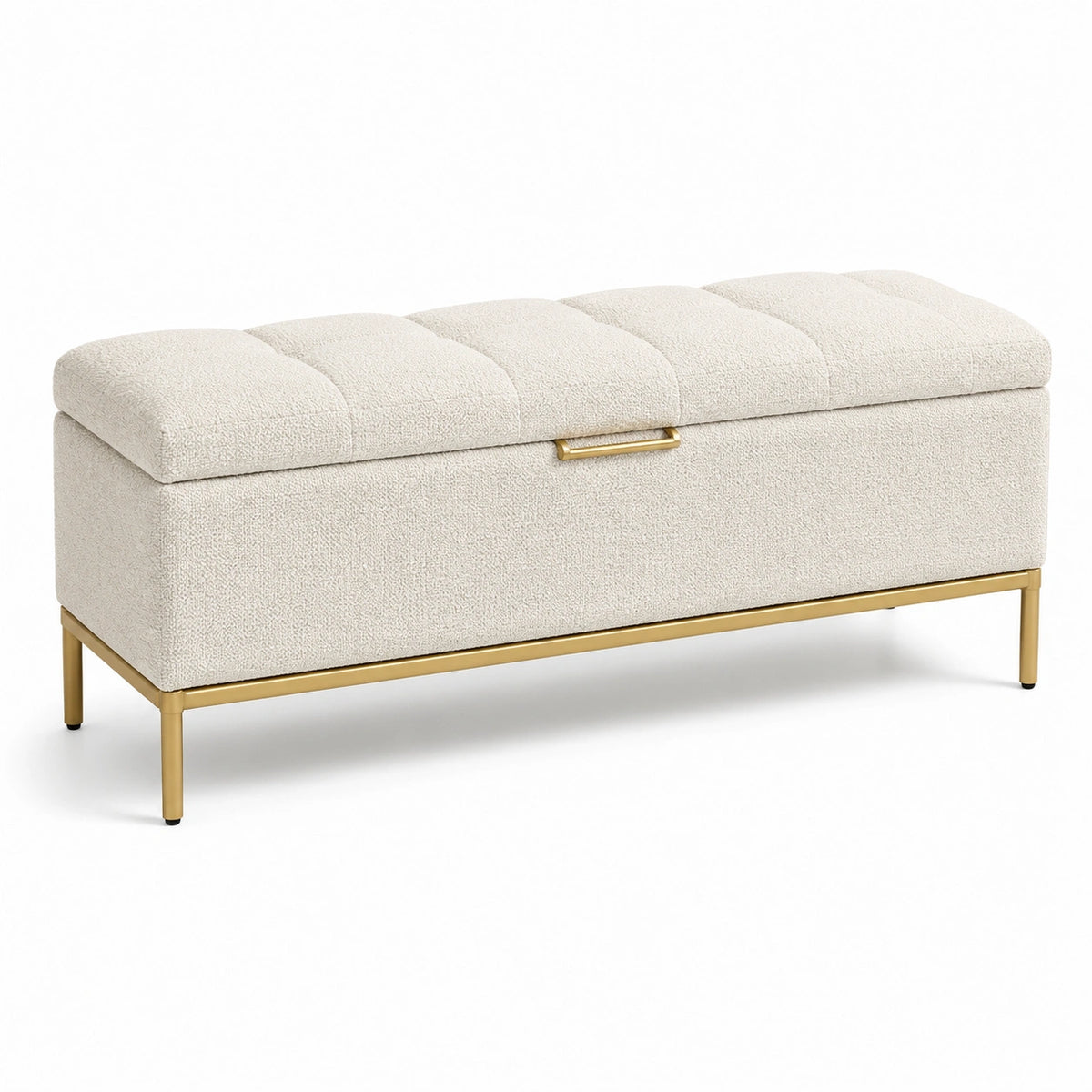 Banco de almacenamiento bouclé beige con base de metal dorado