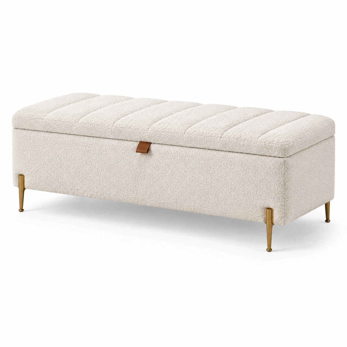 Banco de almacenamiento de tela beige con patas de metal