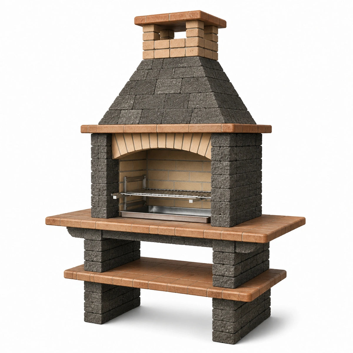 Barbacoa de piedra volcánica y ladrillo marrón para exterior