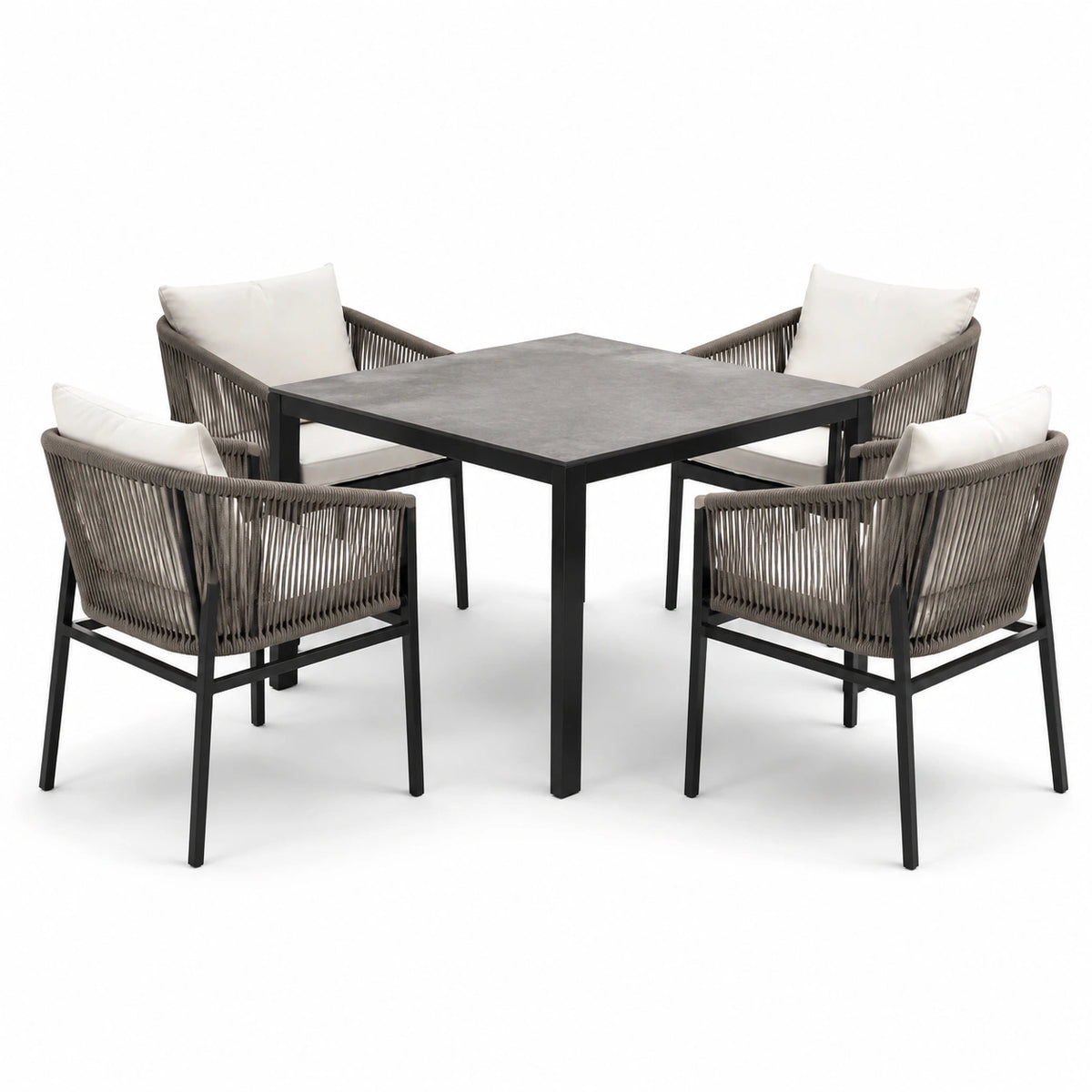 Conjunto de comedor de jardín cuadrado con mesa de cerámica y sillas de cuerda sintética