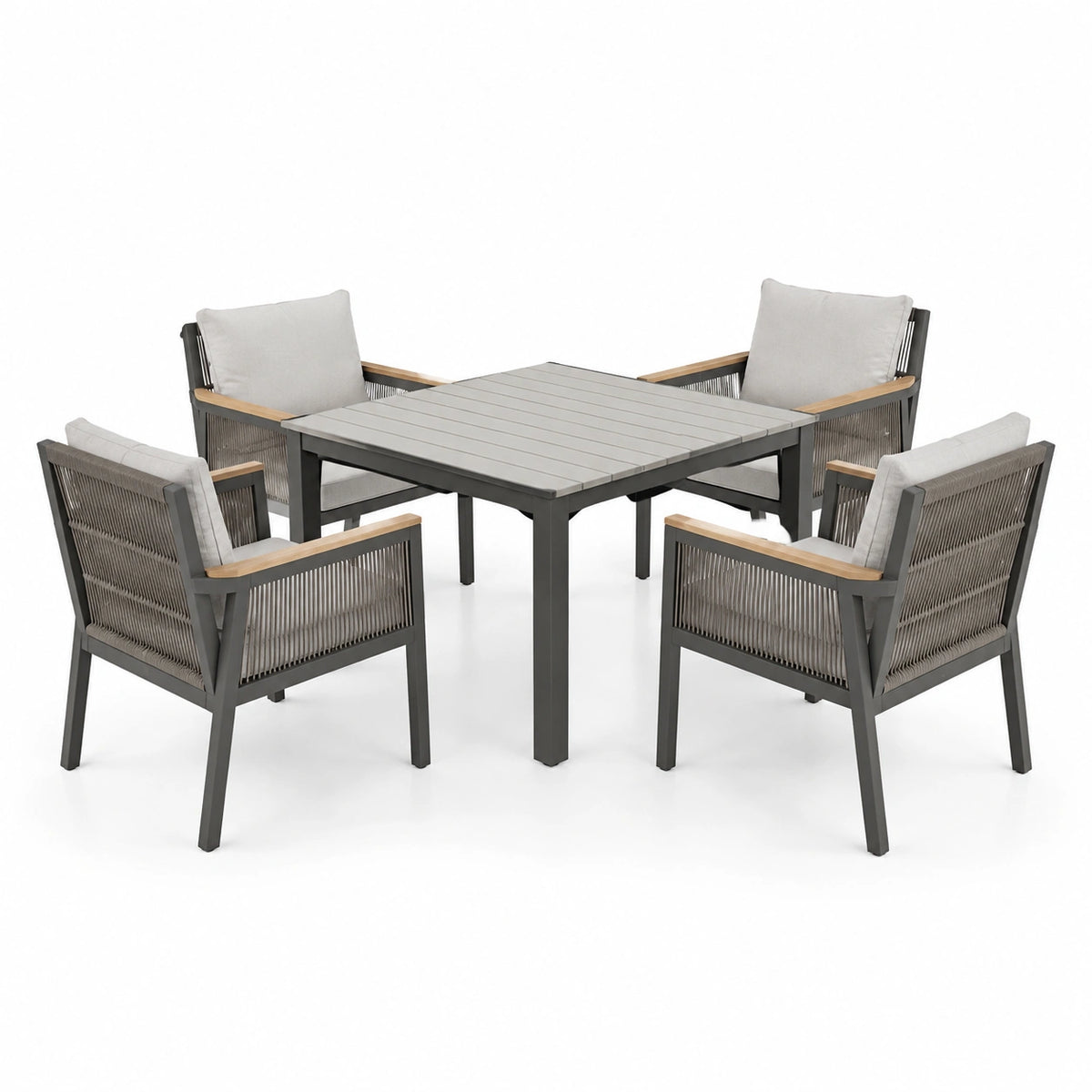 Juego de comedor exterior de aluminio con cojines grises y beige