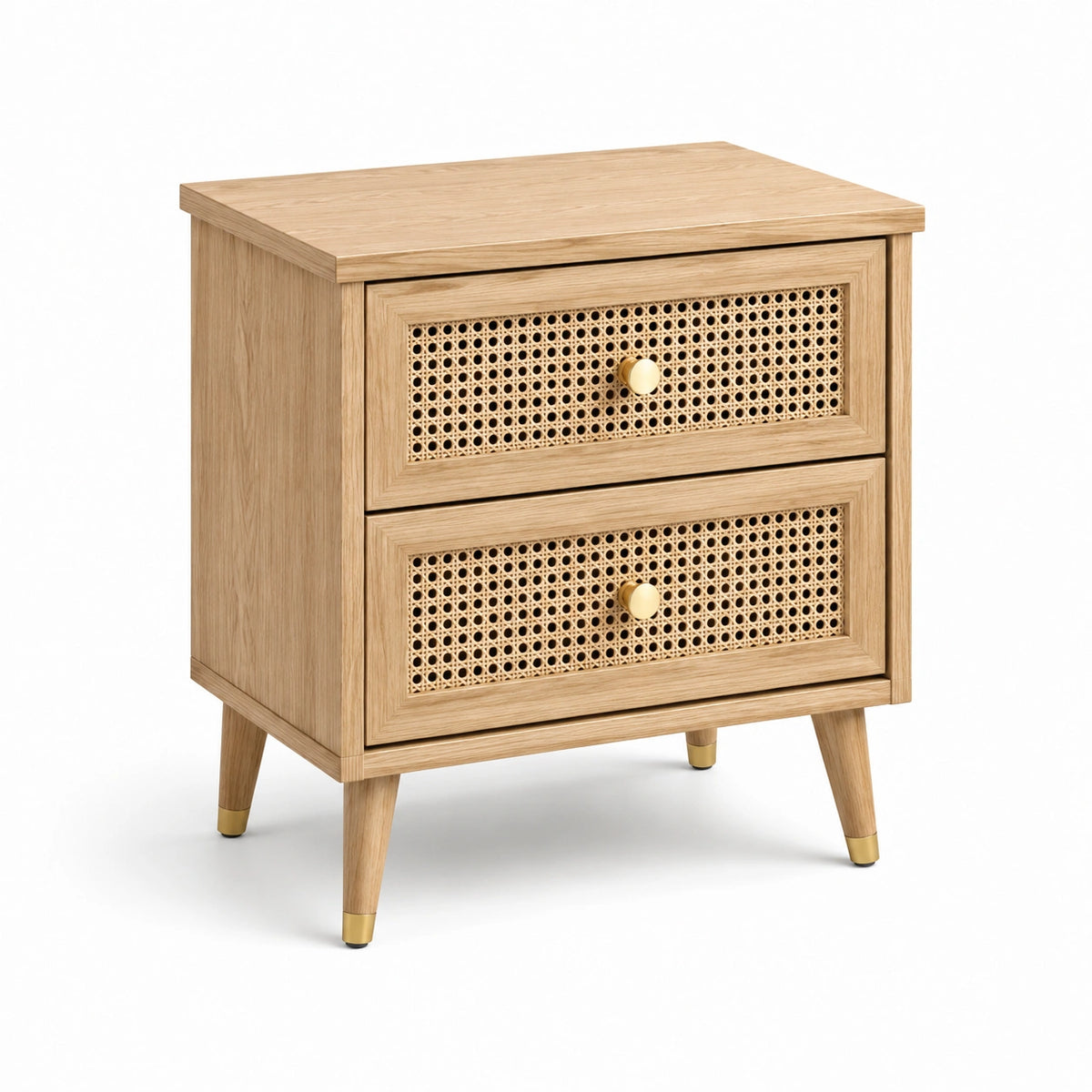 Mesita de noche de madera y ratán natural con cajones