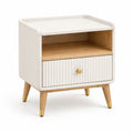 Mesita de noche de MDF y roble con patas de metal, blanco y beige