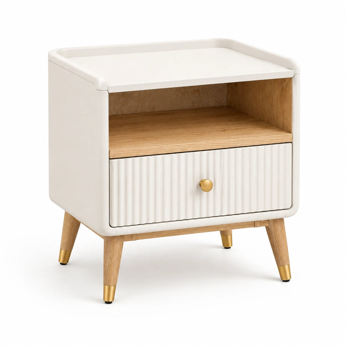 Mesita de noche de MDF y roble con patas de metal, blanco y beige