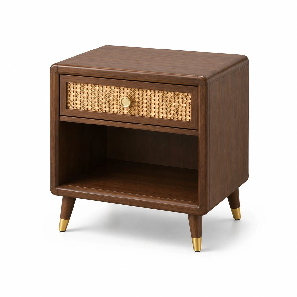 Mesita de noche de madera y ratán marrón con 1 cajón